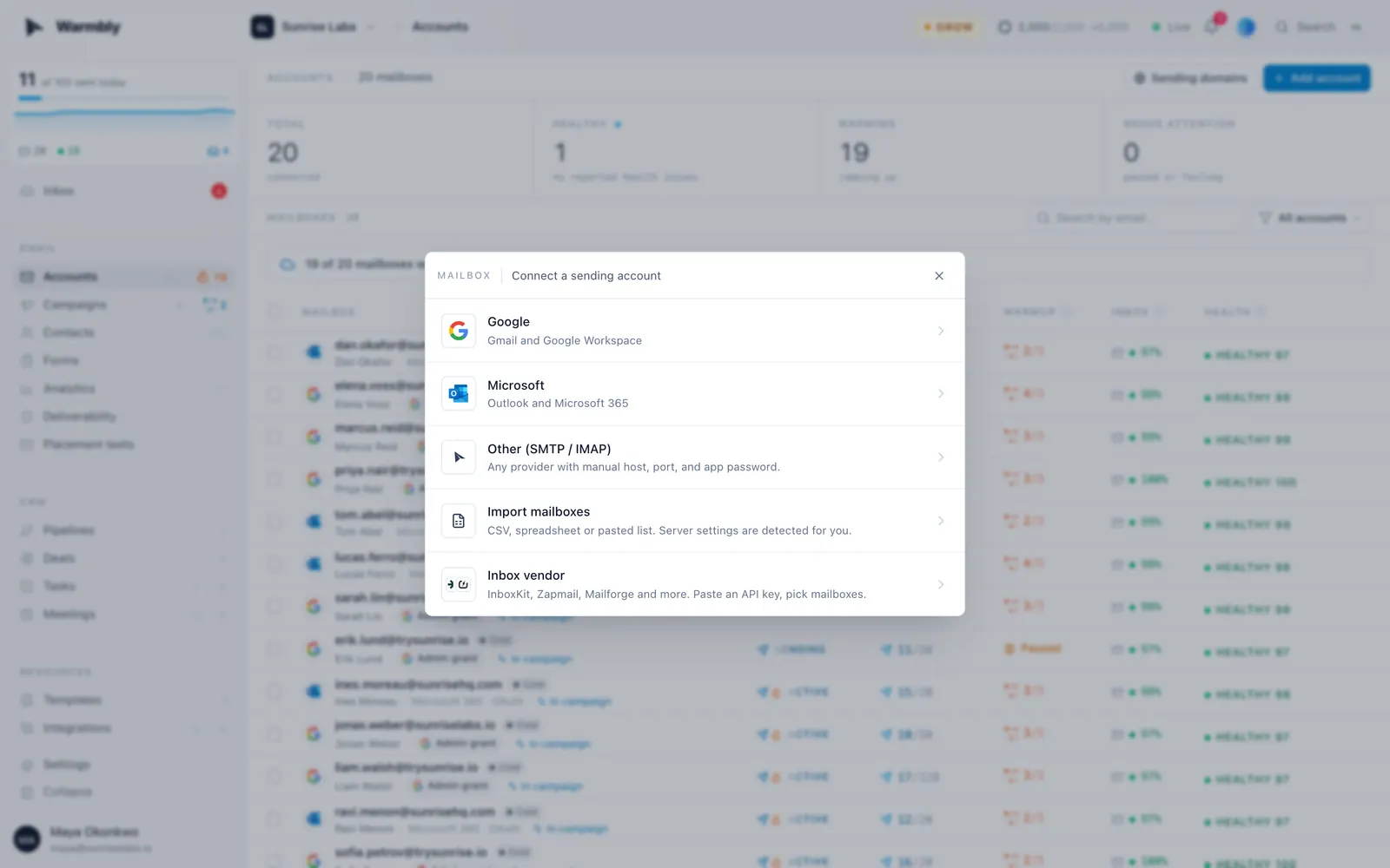 添加账户：Google、Microsoft、任意 SMTP 和 IMAP 服务商、文件导入或邮箱供应商